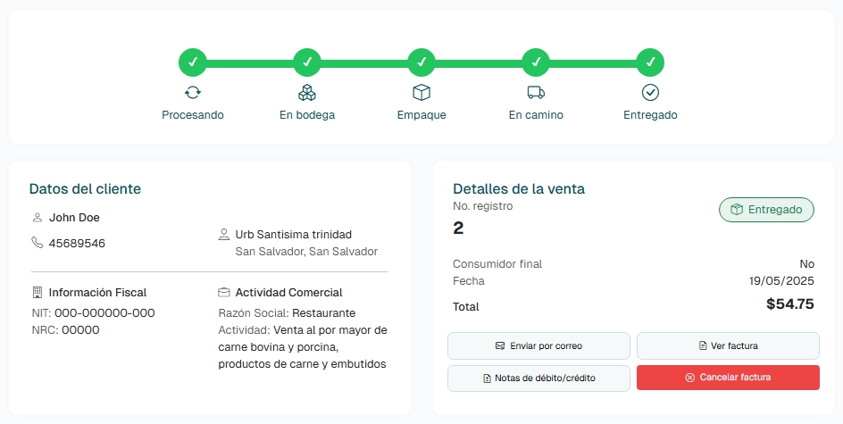 Sistema de seguimiento de ventas con flujo de trabajo visual desde procesamiento hasta entrega